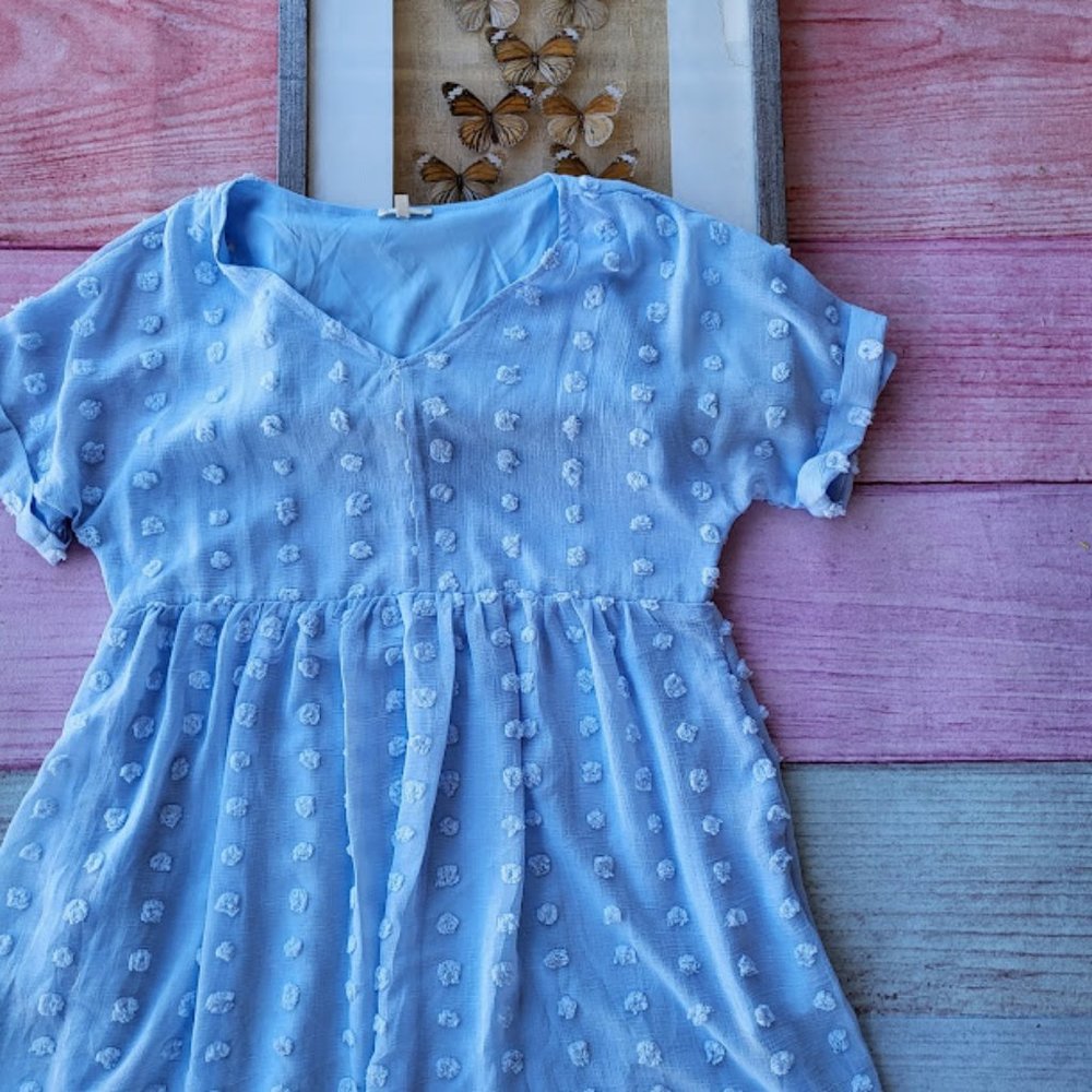 Pinkblush Light Blue V Neck Textured Swiss Dot Maternity Mini Dress Size Medium - Picture 9 of 10